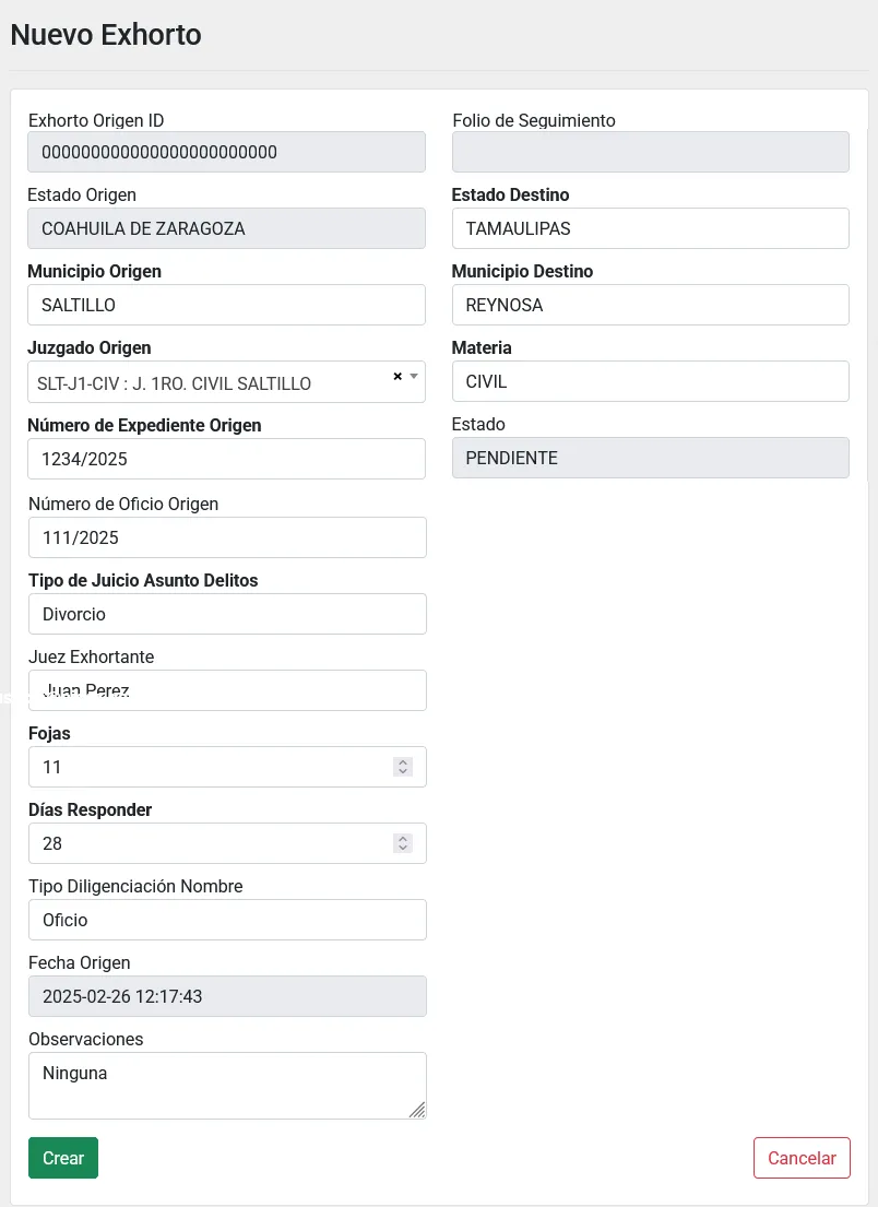 Formulario Nuevo Exhorto