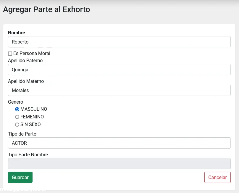 Formulario Nueva Parte
